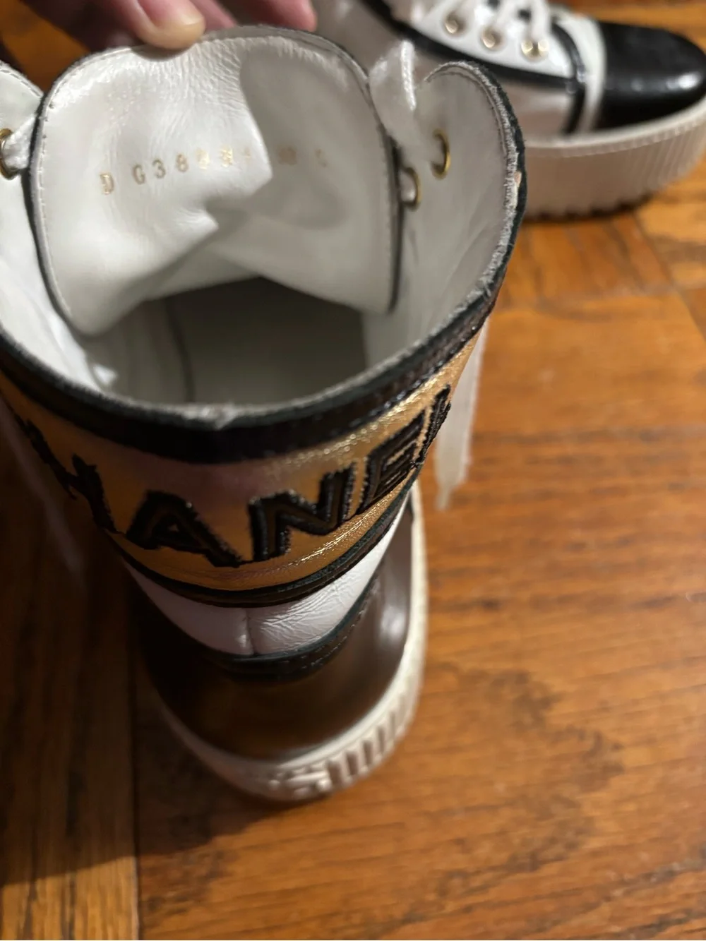 CHANEL White and Black Logo High-Top Sneakers